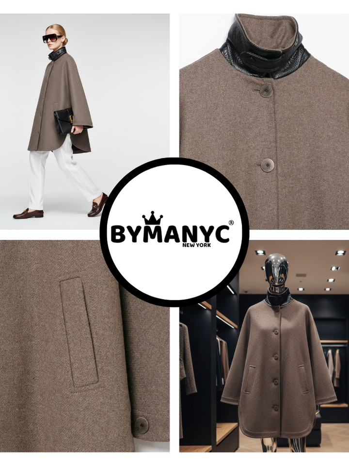 Brown Wool-Blend Jacket with Leather Collar and Egg-Shape Cut • BYMANYC ® New York