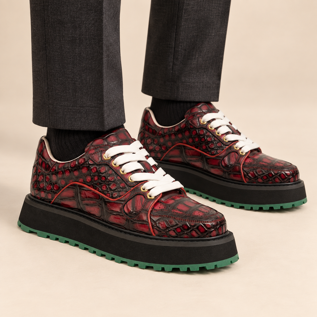 Burgundy Apron-Toe Crocodile Leather Sneakers