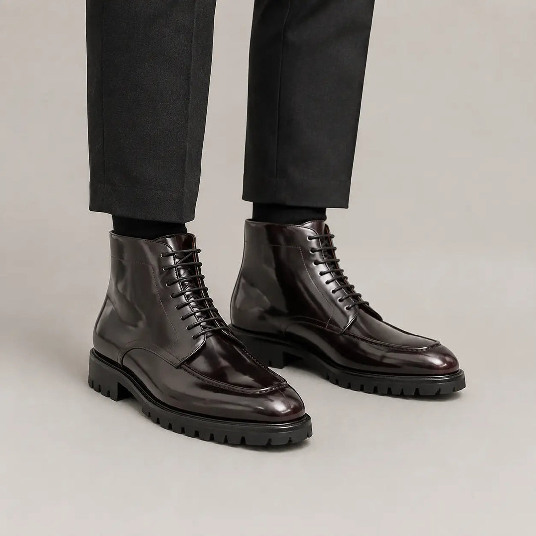 Wine Patent Lug Sole Ankle Boot