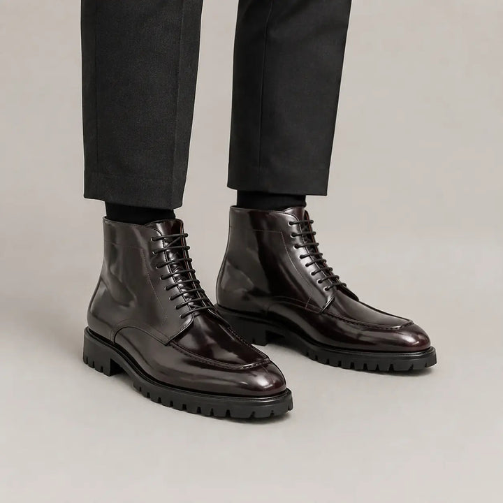 Wine Patent Lug Sole Ankle Boot