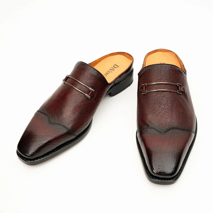 Burgundy Cap-Toe Calf Leather Mule Loafers