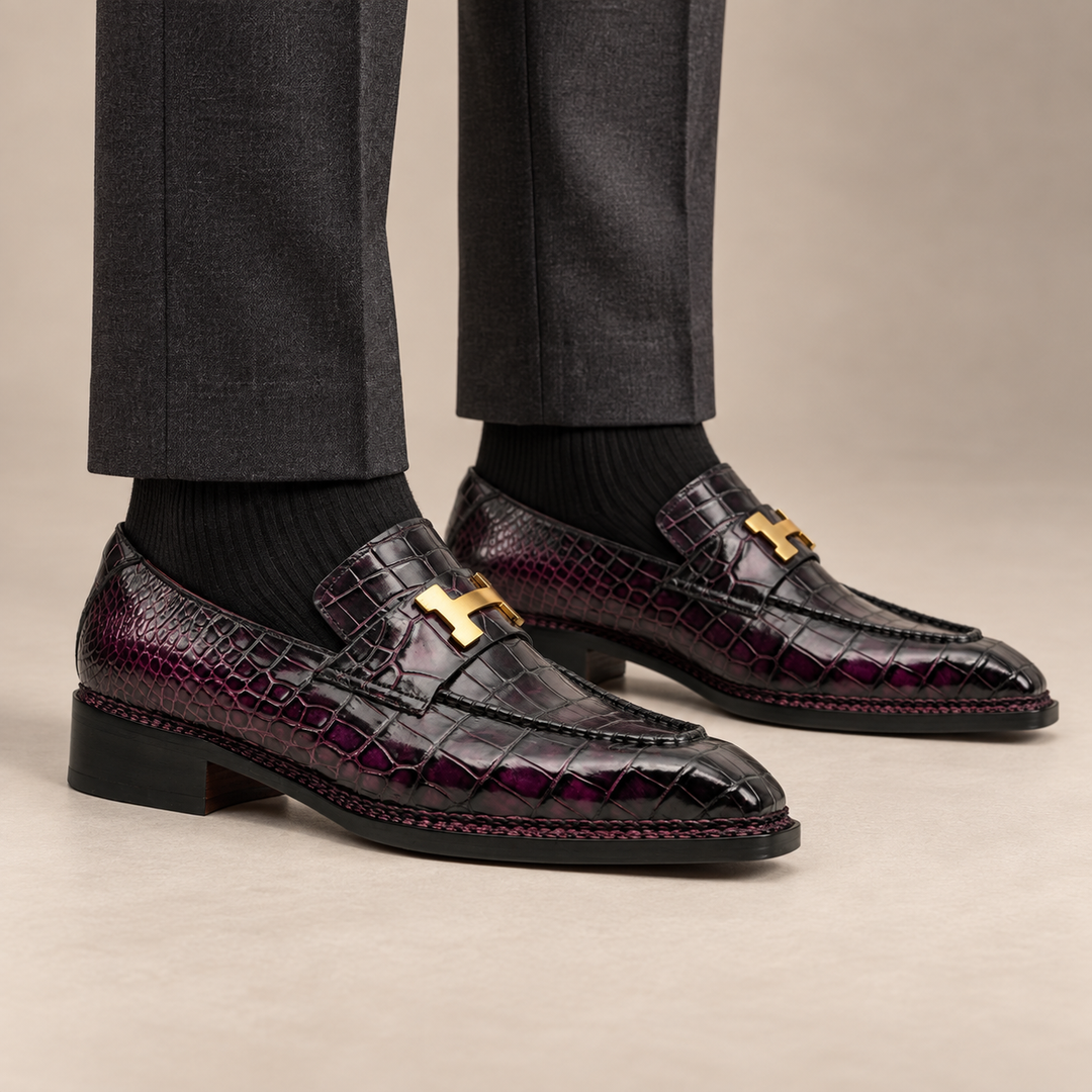 Burgundy-Black Apron-Toe Crocodile Leather Bit Loafers
