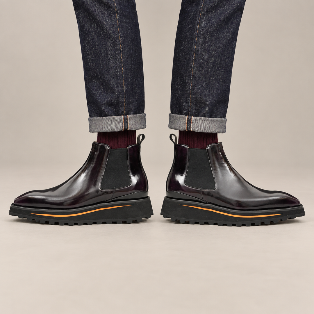 Burgundy-Black Plain-Toe Cow Leather Chelsea Boots