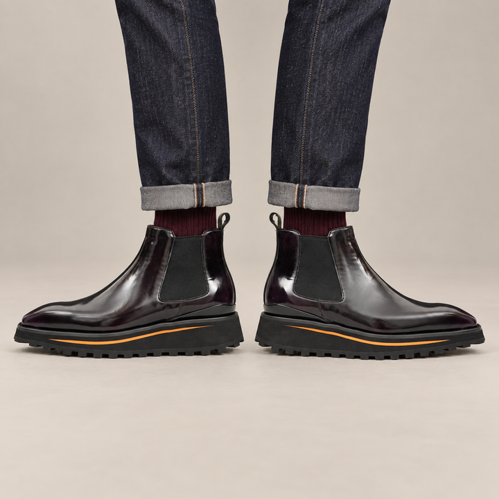 Burgundy-Black Plain-Toe Cow Leather Chelsea Boots