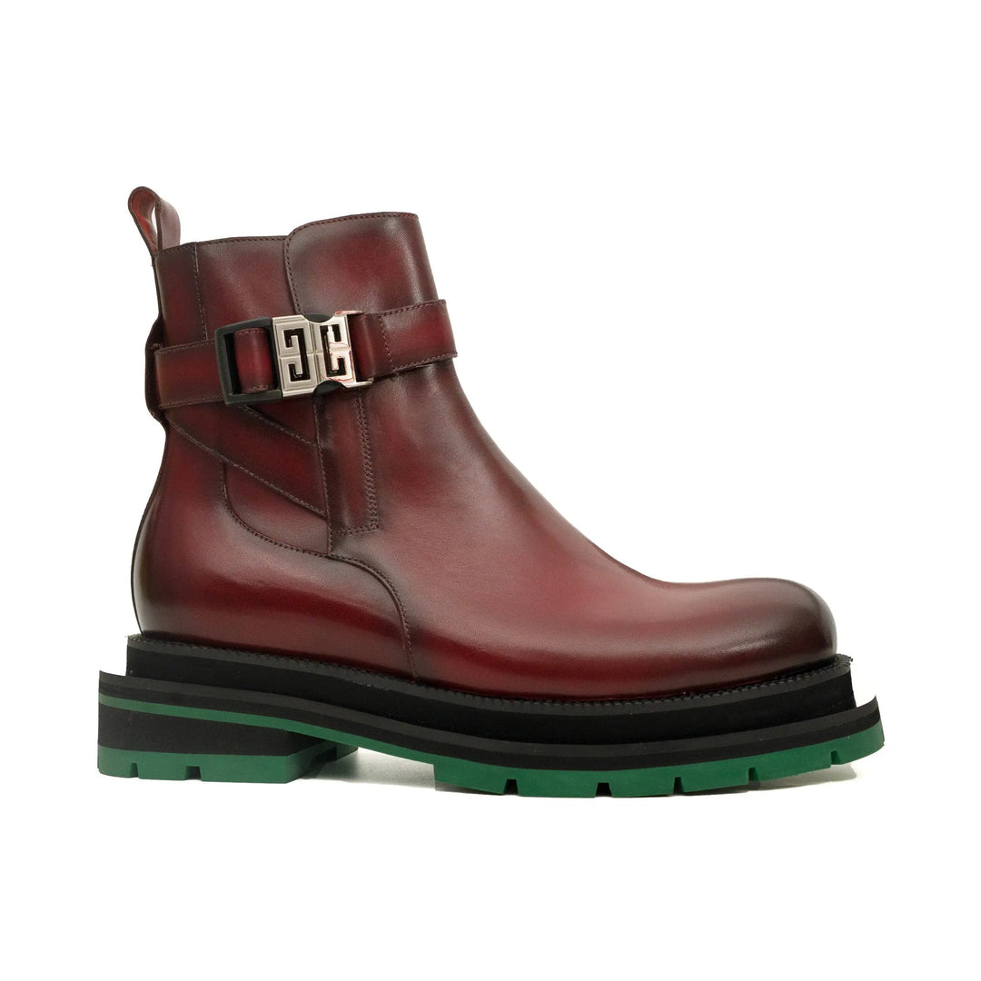 Burgundy Plain-Toe Calf Leather Buckle Ankle Boots
