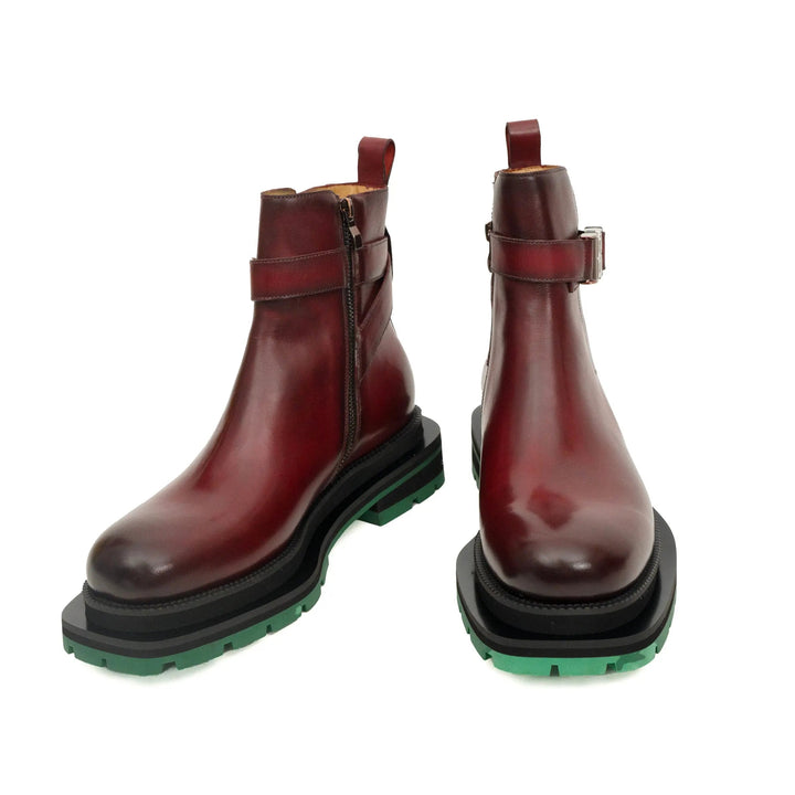 Burgundy Plain-Toe Calf Leather Buckle Ankle Boots