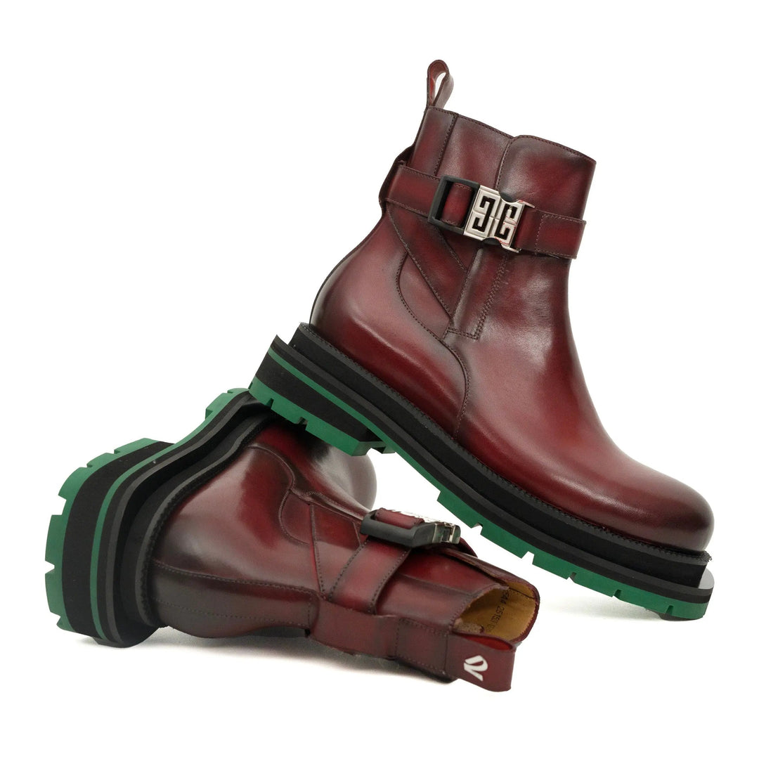 Burgundy Plain-Toe Calf Leather Buckle Ankle Boots