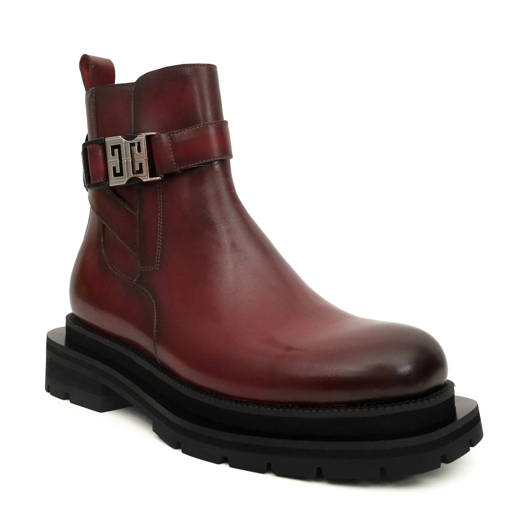 Burgundy Plain-Toe Calf Leather Buckle Ankle Boots