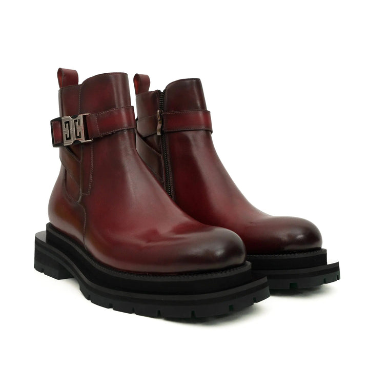 Burgundy Plain-Toe Calf Leather Buckle Ankle Boots
