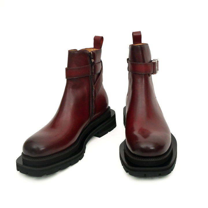 Burgundy Plain-Toe Calf Leather Buckle Ankle Boots