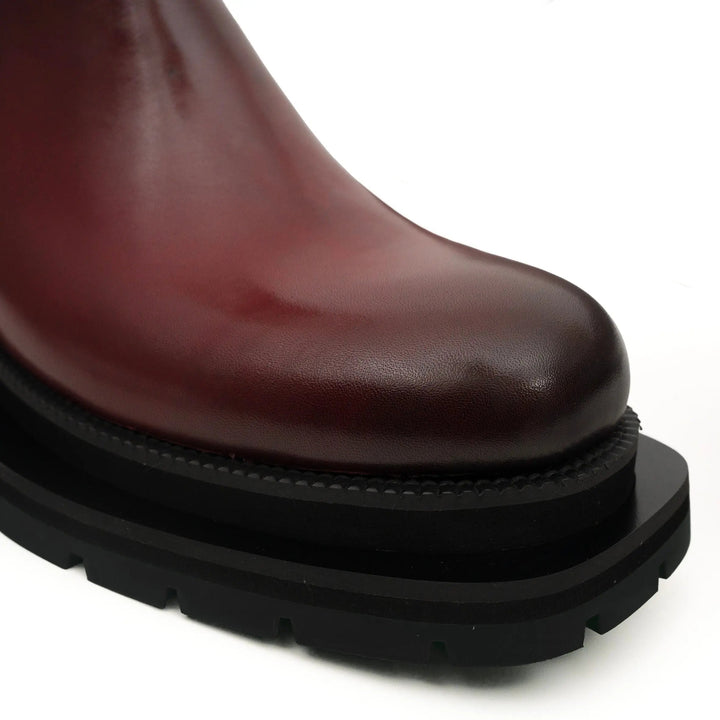 Burgundy Plain-Toe Calf Leather Buckle Ankle Boots