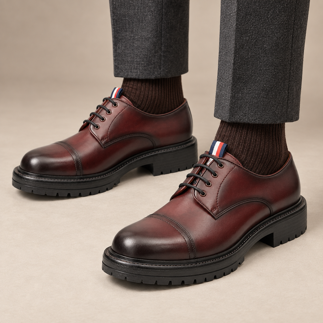 Burgundy Cap-Toe Leather Derby Shoes