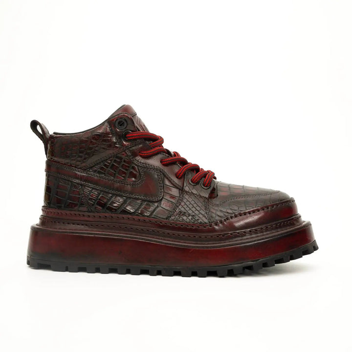 Burgundy Apron-Toe Crocodile Leather Sneakers