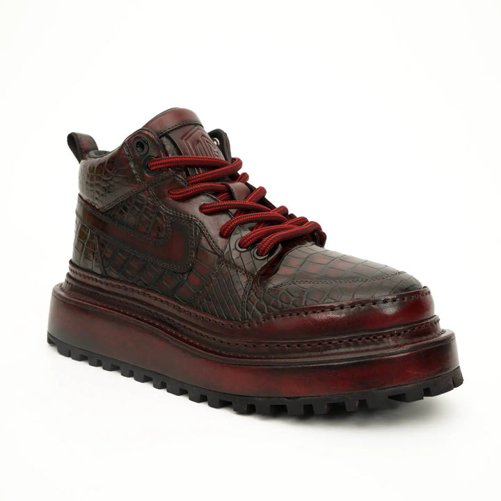 Burgundy Apron-Toe Crocodile Leather Sneakers