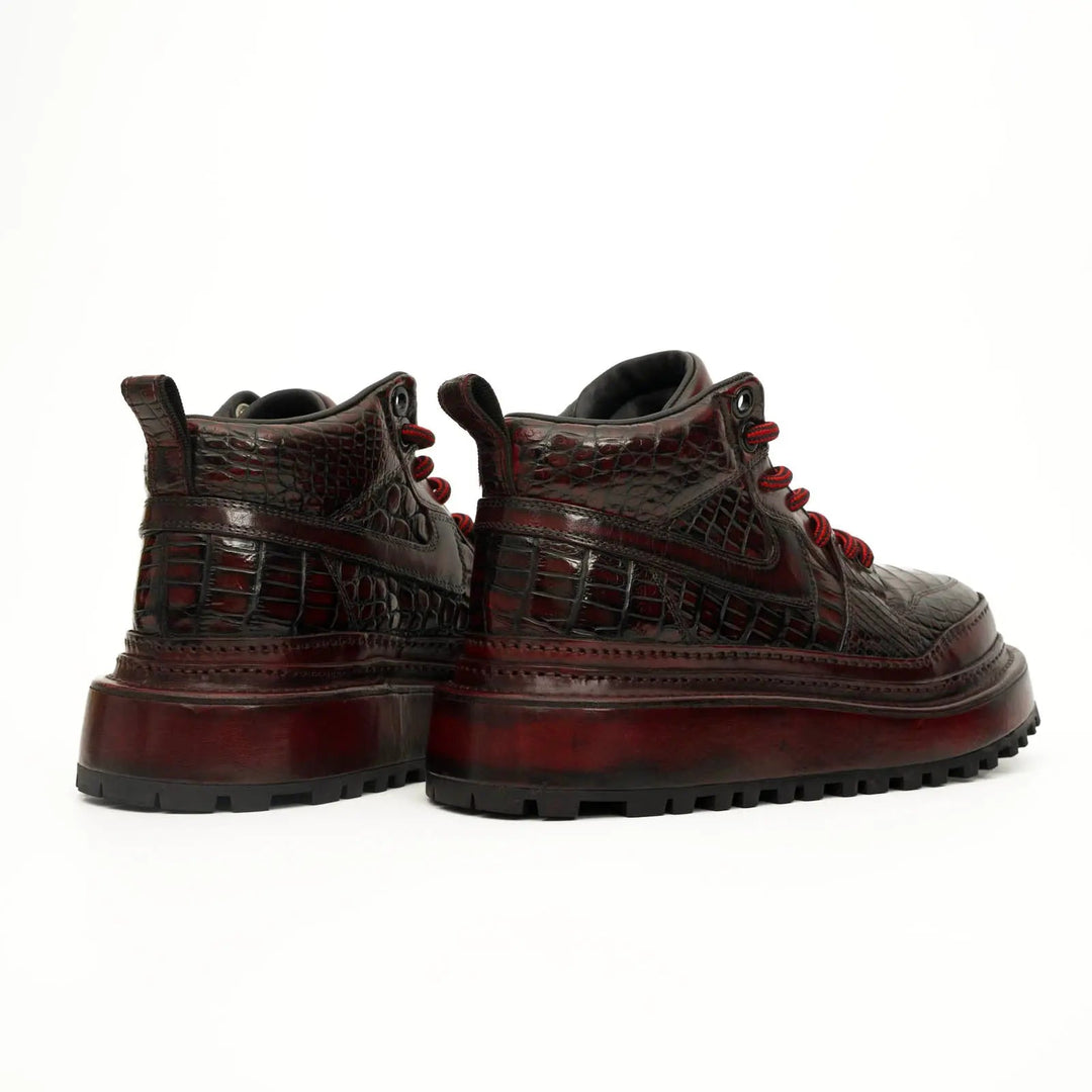 Burgundy Apron-Toe Crocodile Leather Sneakers