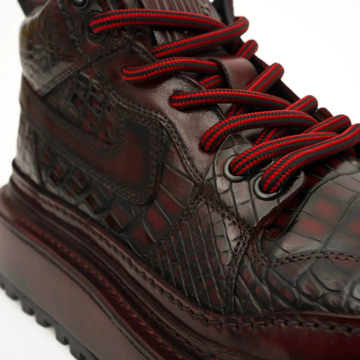 Burgundy Apron-Toe Crocodile Leather Sneakers