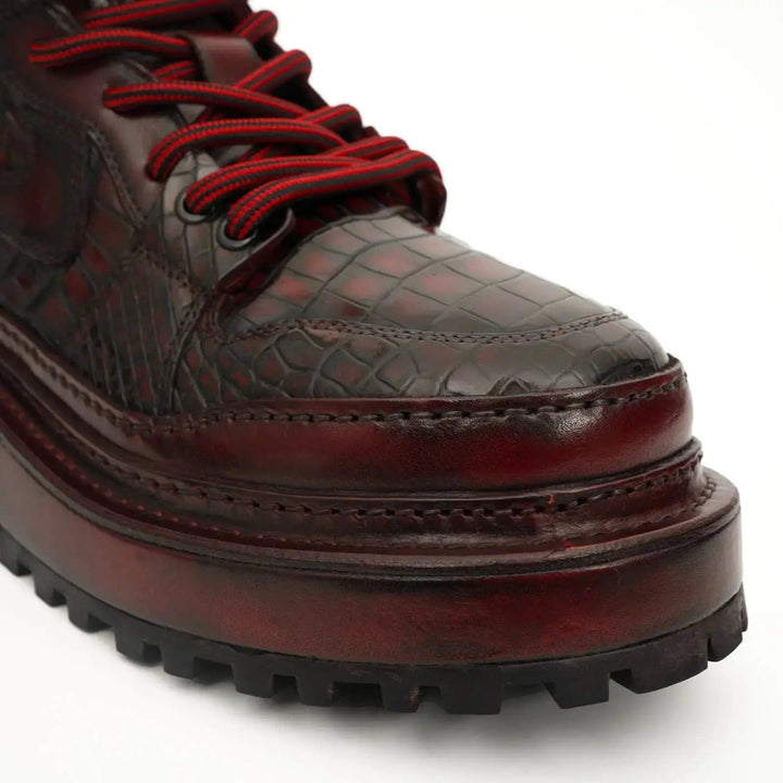 Burgundy Apron-Toe Crocodile Leather Sneakers