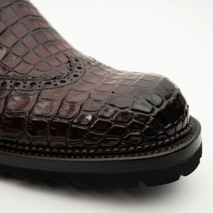 Burgundy Plain-Toe Crocodile Leather Chelsea Boots