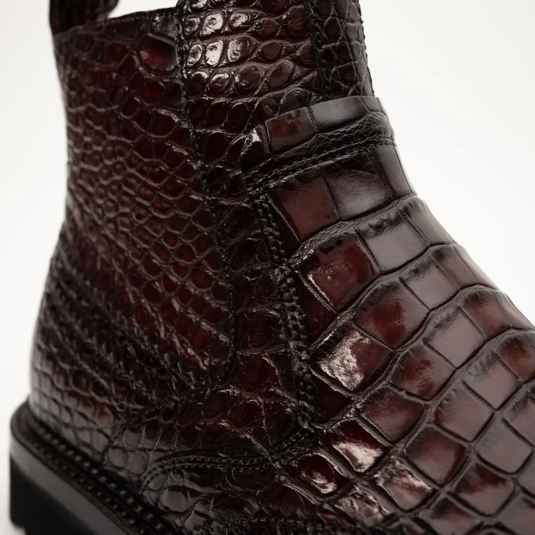Burgundy Plain-Toe Crocodile Leather Chelsea Boots