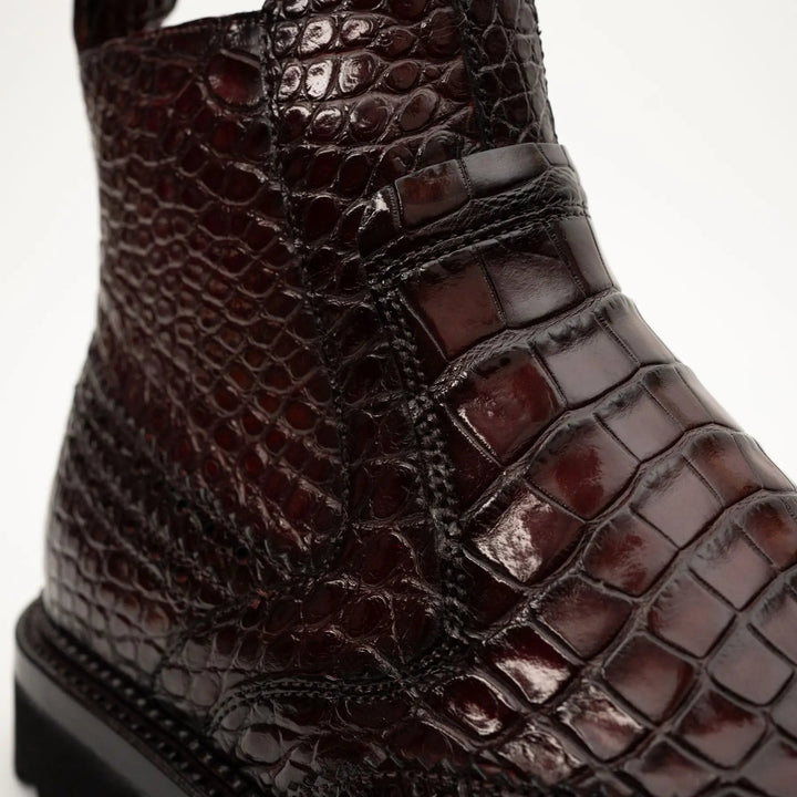 Burgundy Plain-Toe Crocodile Leather Chelsea Boots