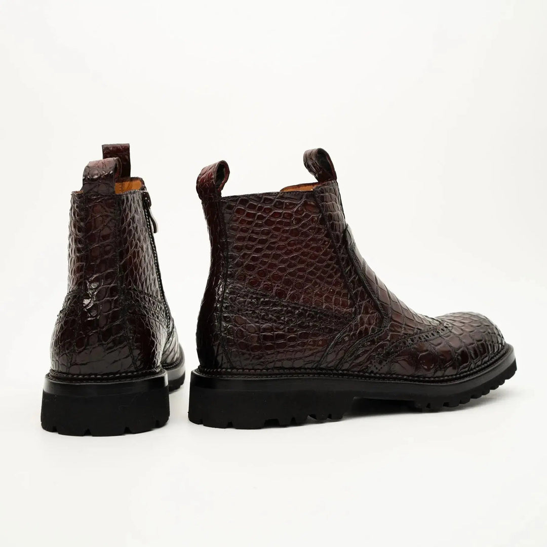 Burgundy Plain-Toe Crocodile Leather Chelsea Boots
