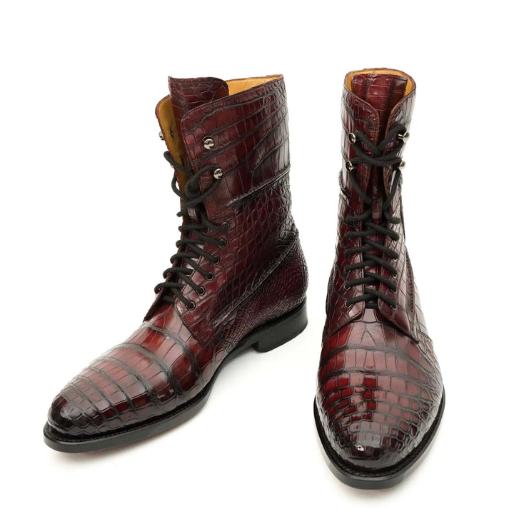 Burgundy Plain-Toe Crocodile Leather Ankle Boots