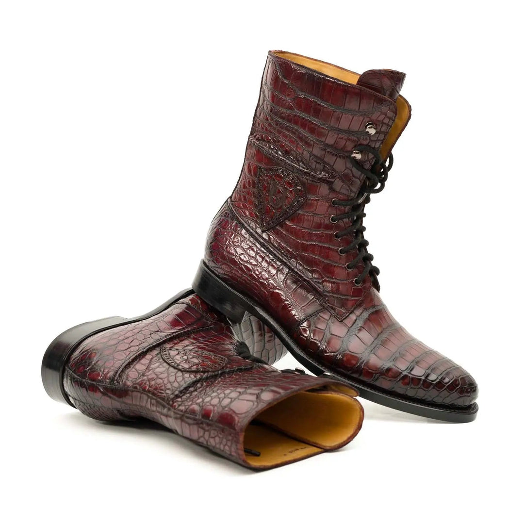 Burgundy Plain-Toe Crocodile Leather Ankle Boots