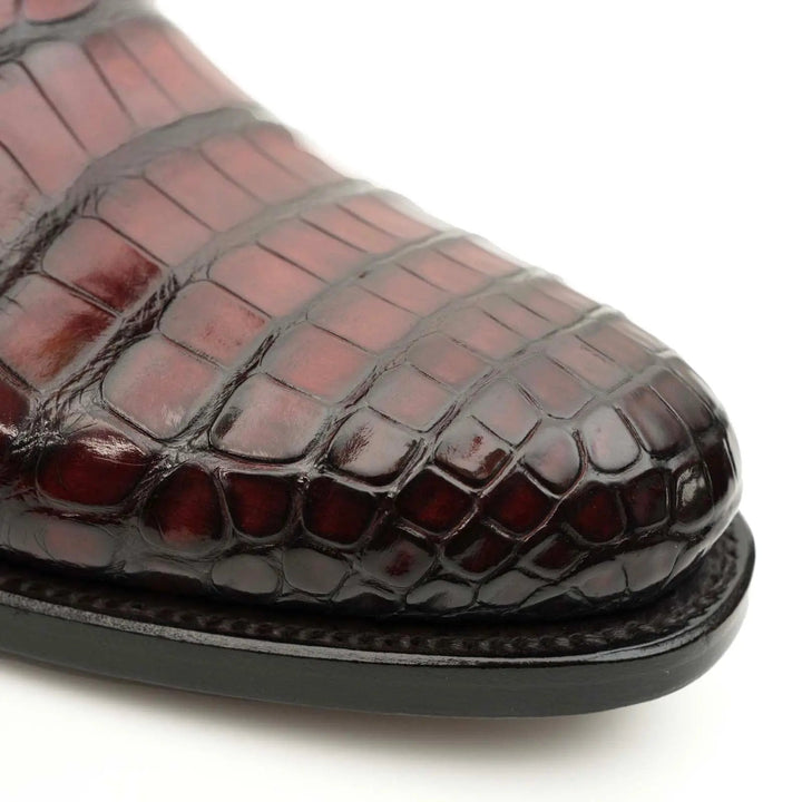 Burgundy Plain-Toe Crocodile Leather Ankle Boots