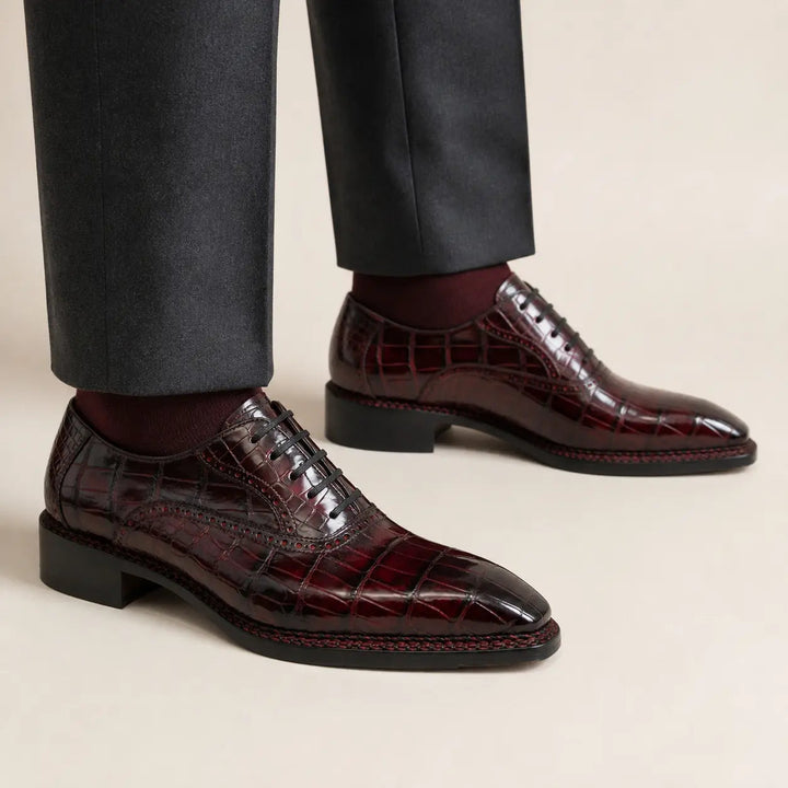 Wine Red Crocodile Oxford Shoes Goodyear Norwegian 8020