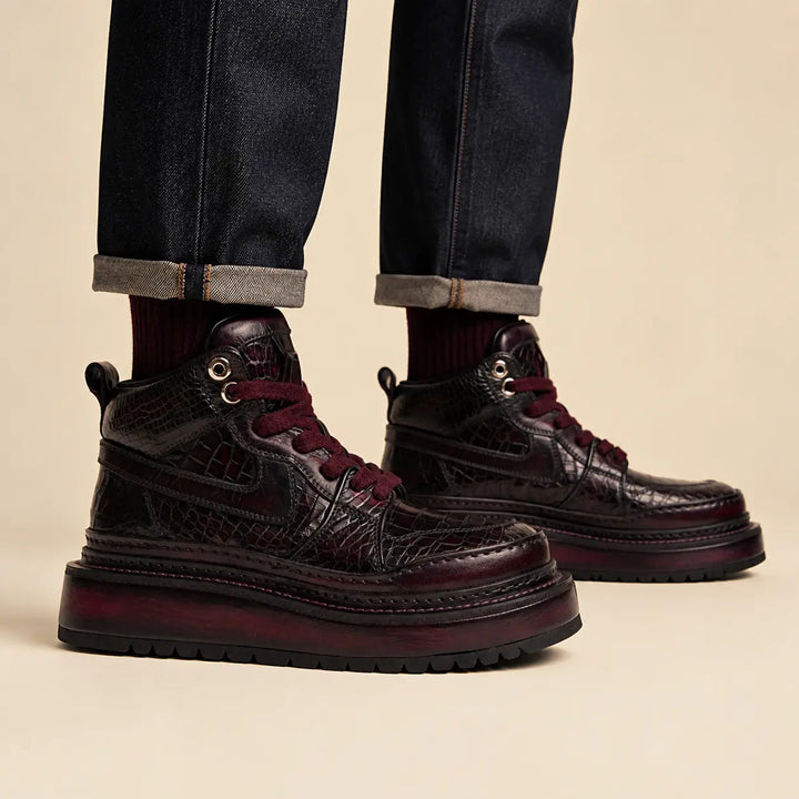 Burgundy Platform Crocodile Leather Sneakers