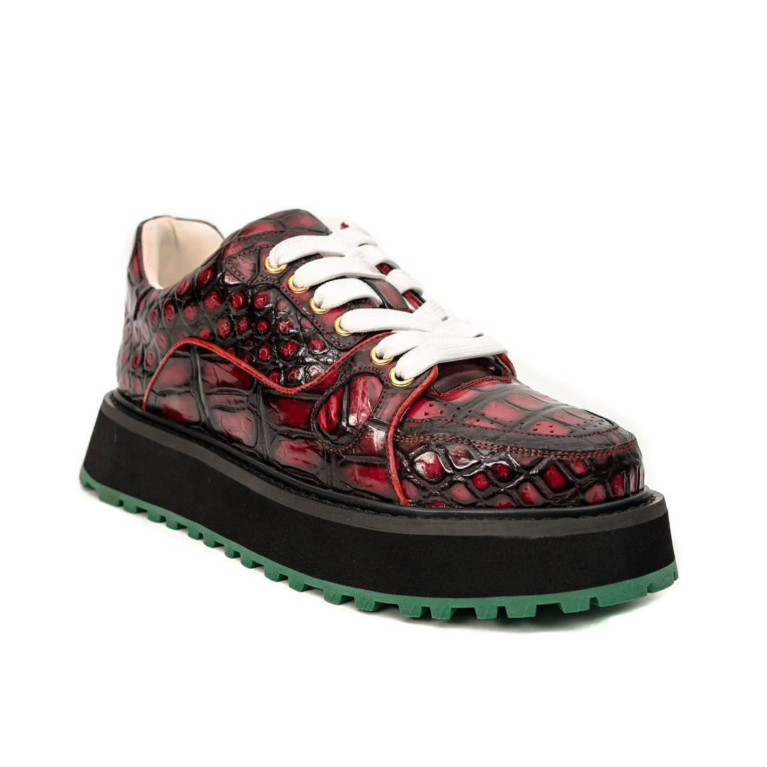 Burgundy Apron-Toe Crocodile Leather Sneakers