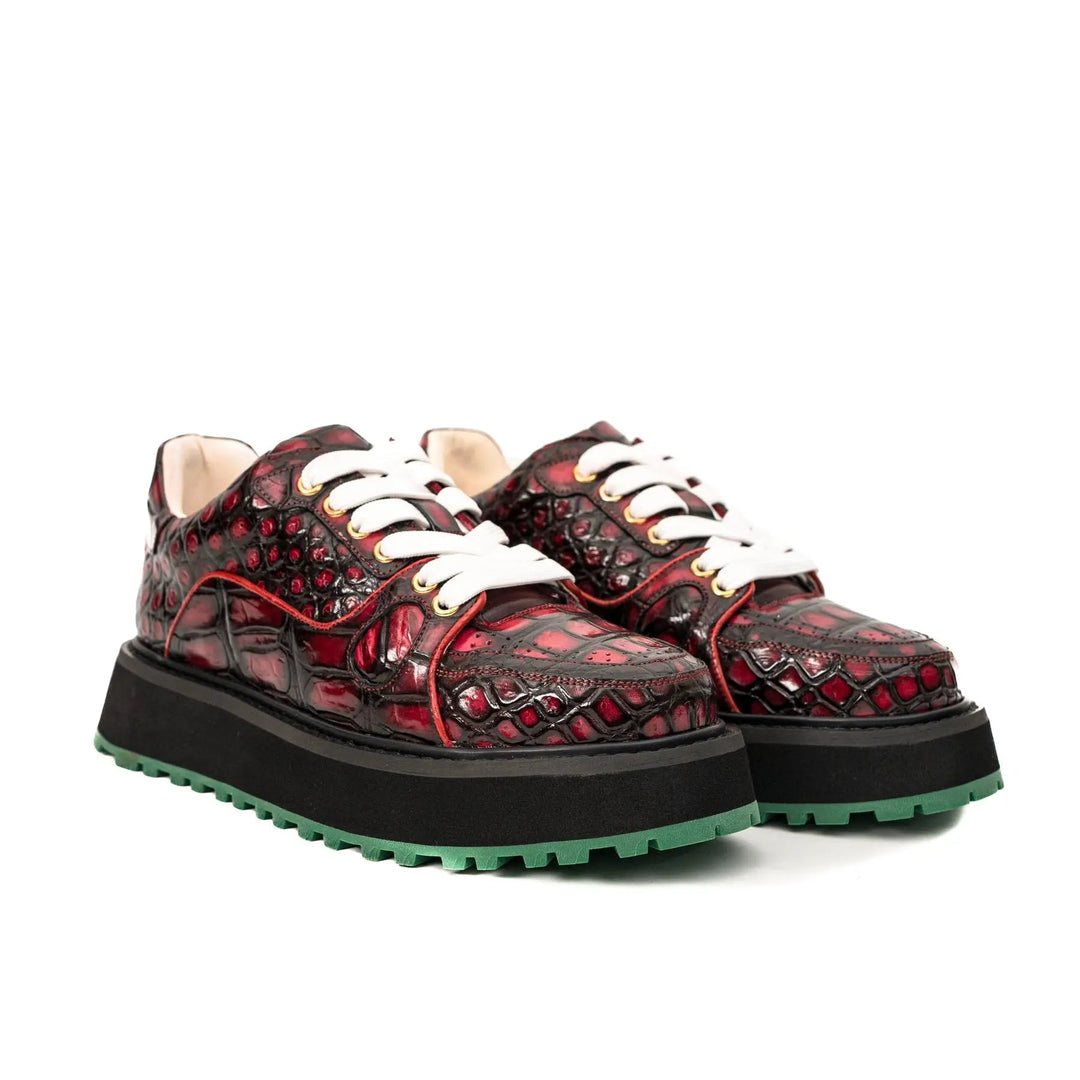 Burgundy Apron-Toe Crocodile Leather Sneakers