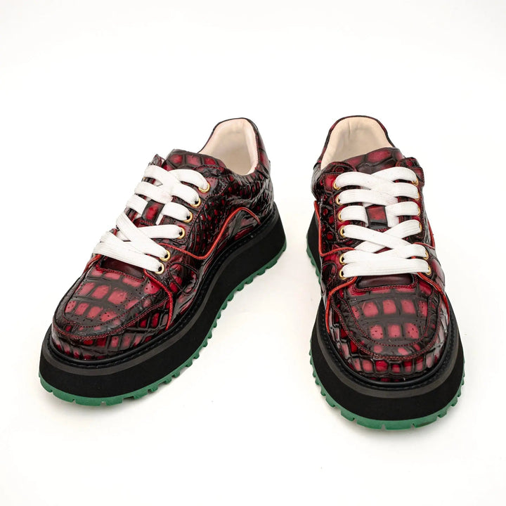 Burgundy Apron-Toe Crocodile Leather Sneakers