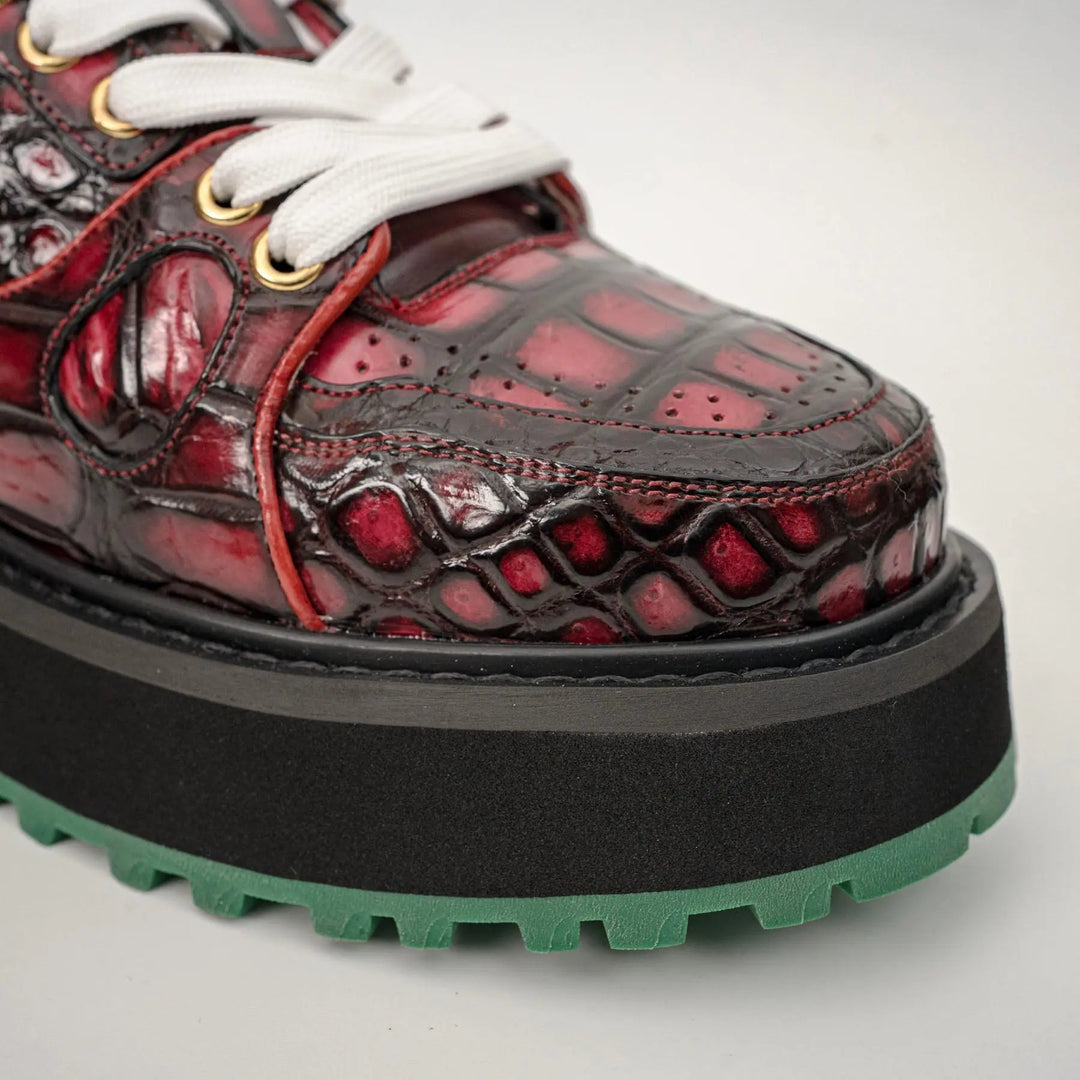 Burgundy Apron-Toe Crocodile Leather Sneakers