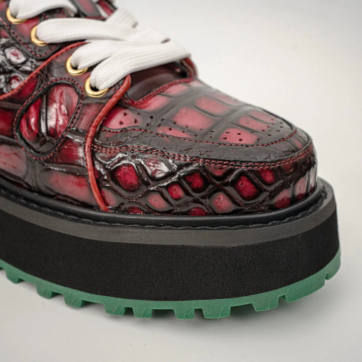 Burgundy Apron-Toe Crocodile Leather Sneakers