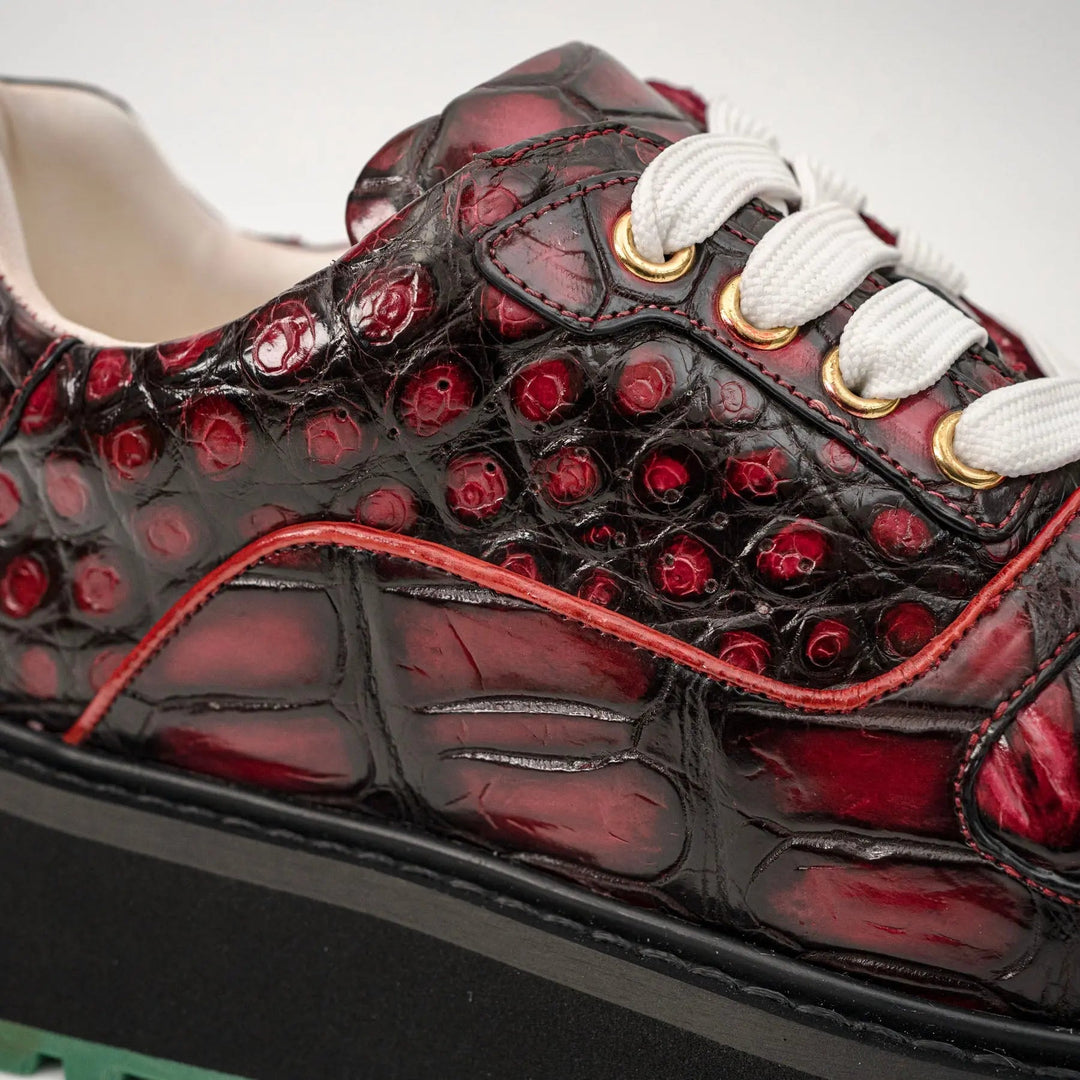 Burgundy Apron-Toe Crocodile Leather Sneakers