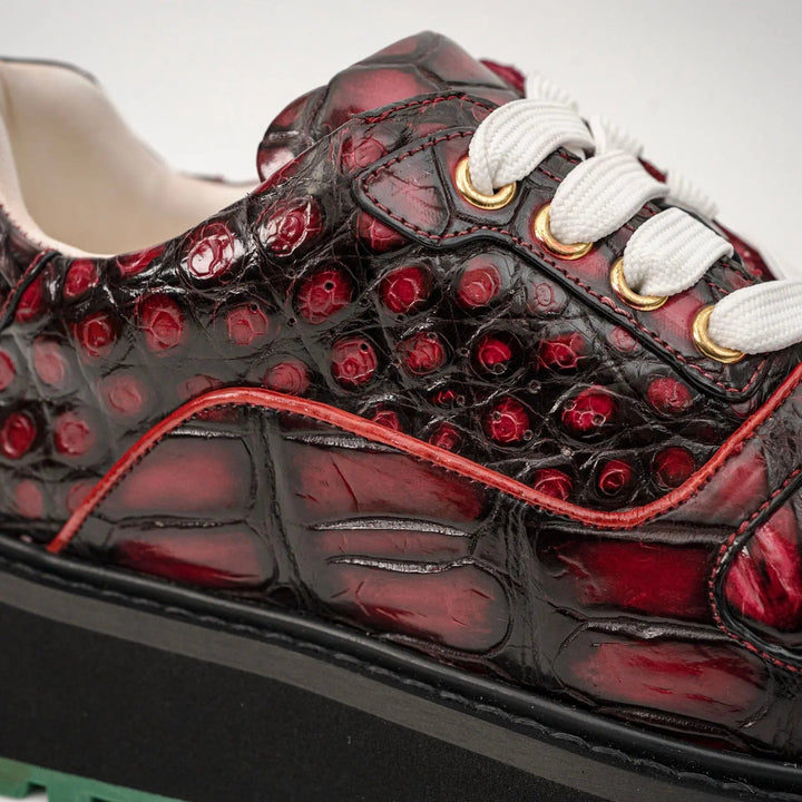 Burgundy Apron-Toe Crocodile Leather Sneakers