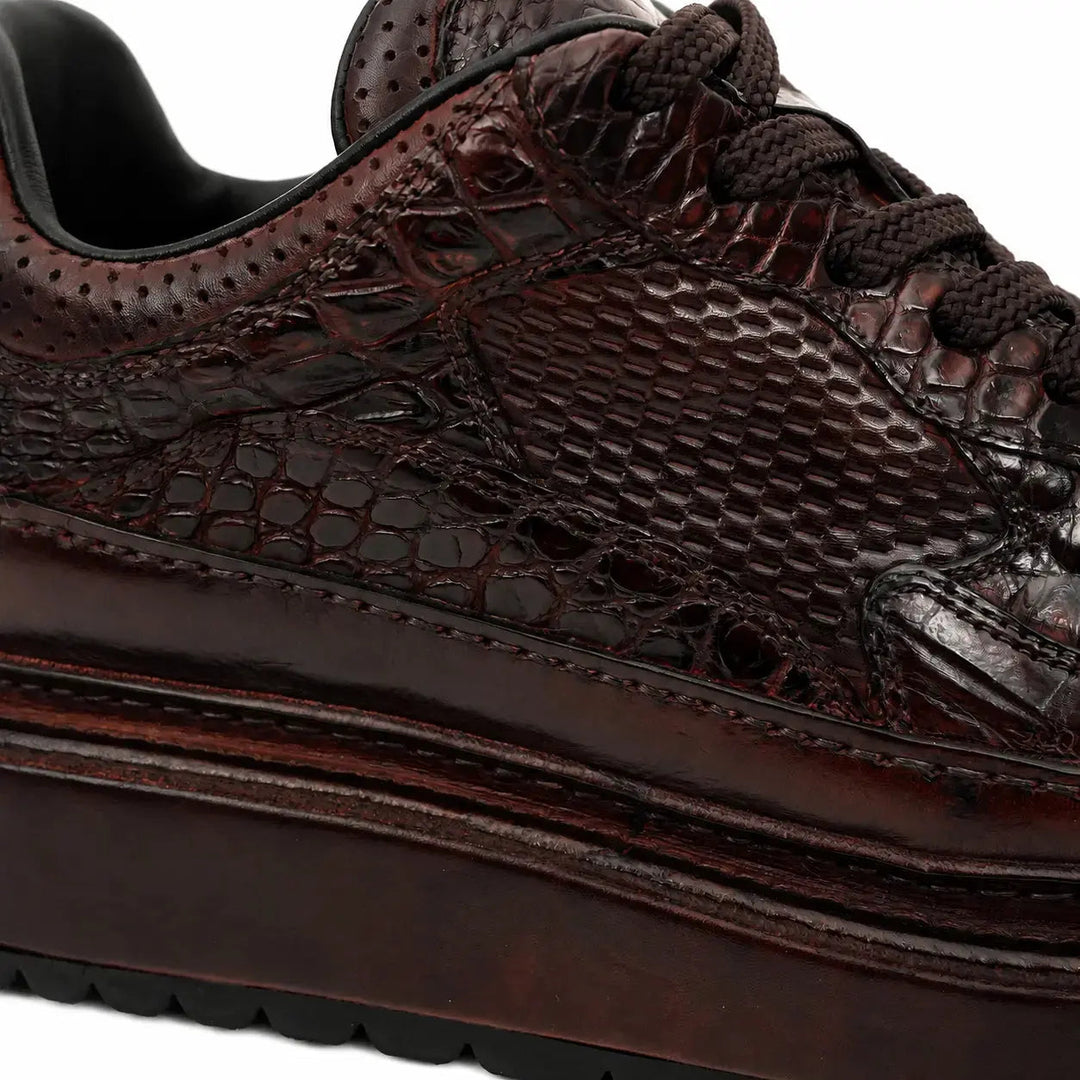Burgundy Platform Crocodile Leather Sneakers