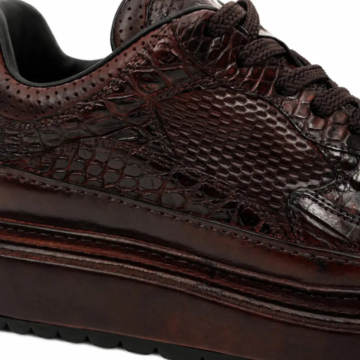 Burgundy Platform Crocodile Leather Sneakers