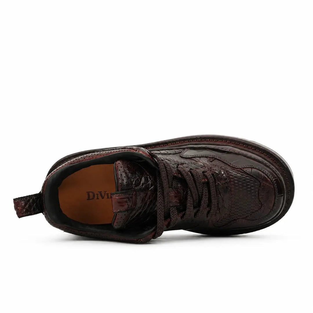 Burgundy Platform Crocodile Leather Sneakers