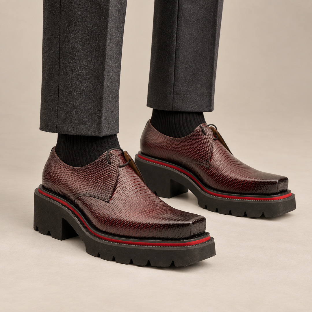 Burgundy Lizard-Embossed Cow Leather Derby Shoes
