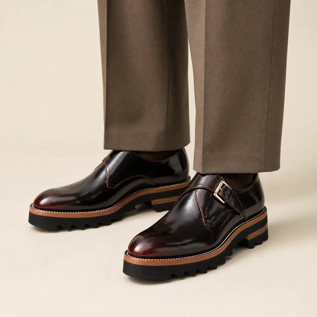 Wine Red Leather Monk Strap Shoes with Chunky Soles