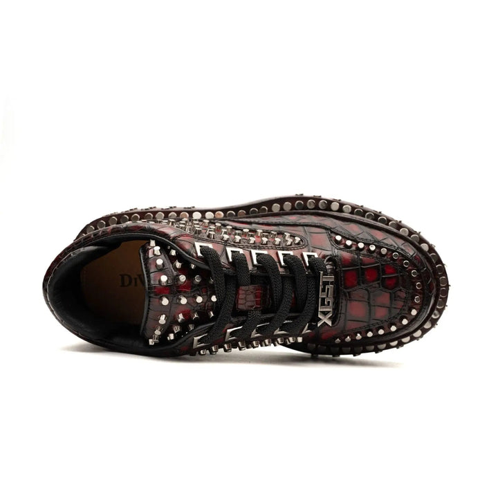 Red Studded Crocodile Leather Sneakers