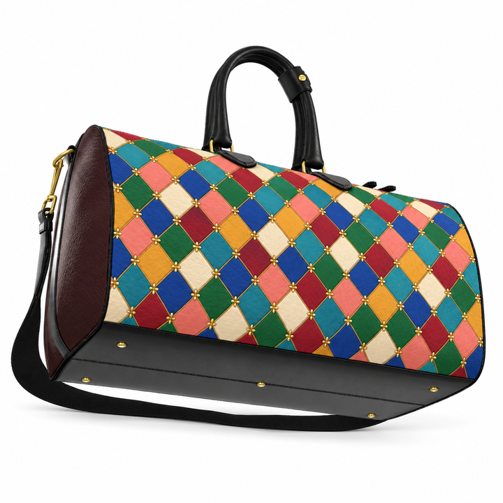 S7 Harlequin Royale Jewel Mosaic leather duffle bag with multicolor diamond print, gold-tone details, burgundy side panels, and black handles.