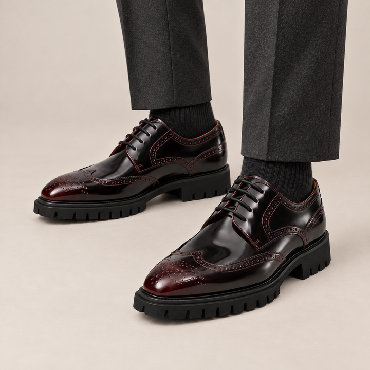Burgundy Wingtip Calf Leather Derby Shoes