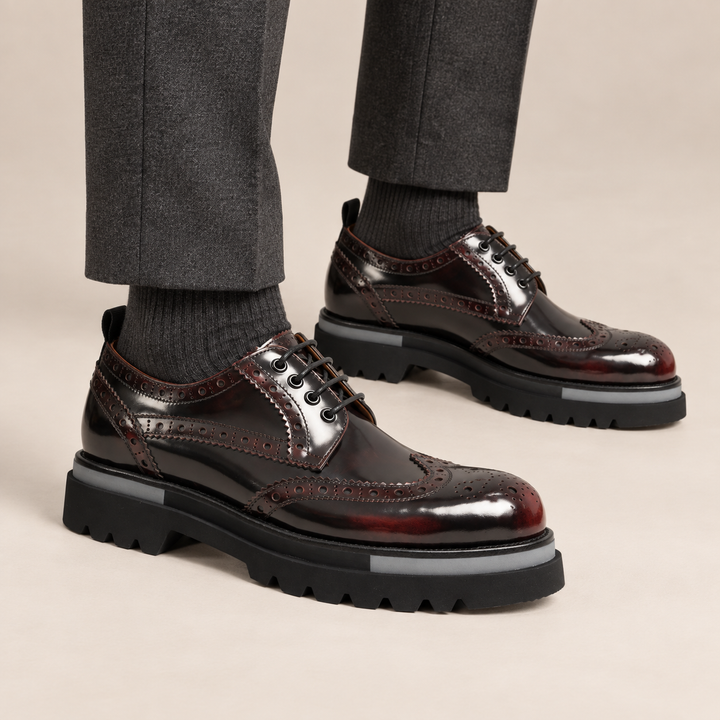 Burgundy Wingtip Calf Leather Derby Shoes