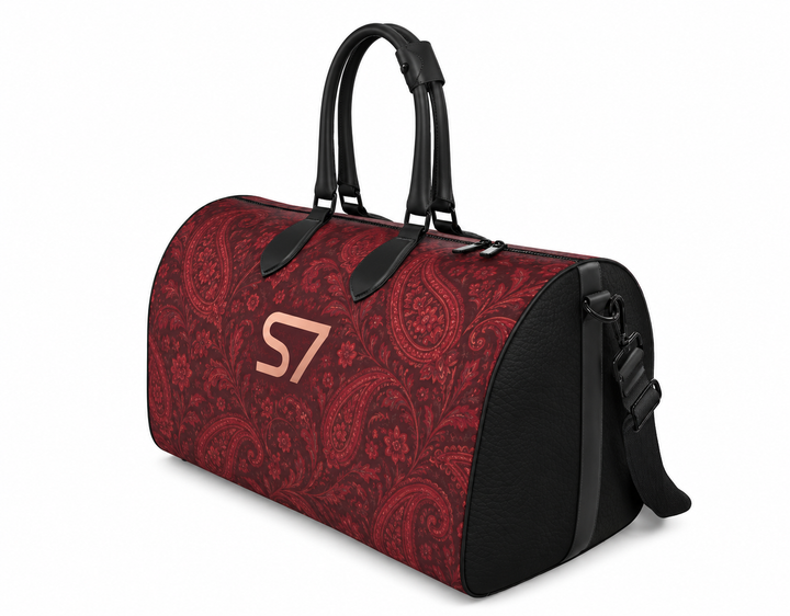 S7 Paisley Rouge burgundy duffle bag with centered rose-gold S7 monogram
