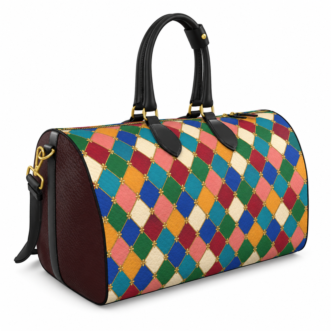 S7 Harlequin Royale Jewel Mosaic leather duffle bag with multicolor diamond print, gold-tone details, burgundy side panels, and black handles.