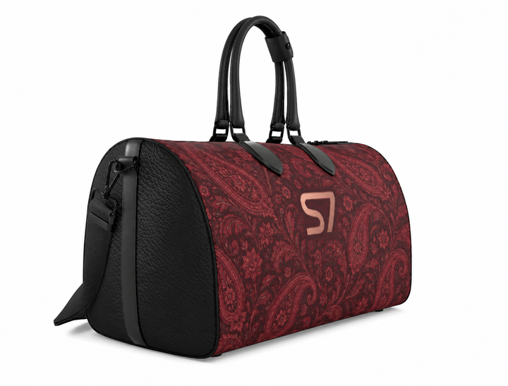 S7 Paisley Rouge burgundy duffle bag with centered rose-gold S7 monogram
