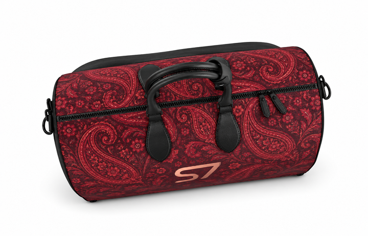 S7 Paisley Rouge burgundy duffle bag with centered rose-gold S7 monogram